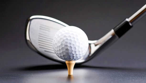 Studio shot of a white golf ball on a tee, polished metal club head slightly blurred studio Background photo