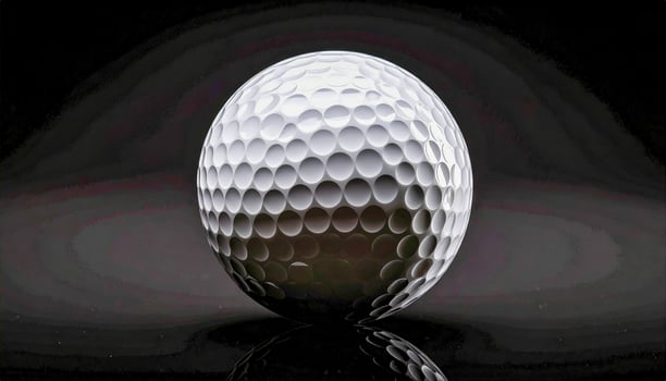 White golf ball with perfect dimples floating above a black studio photo