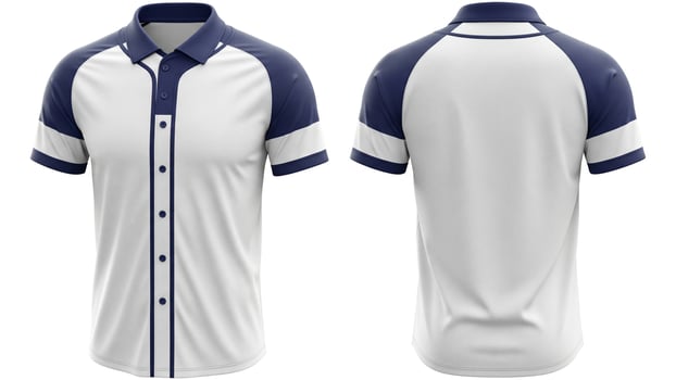Professional White and Navy Baseball Jersey Mockup with Raglan Sleeves, Front and Back View. photo