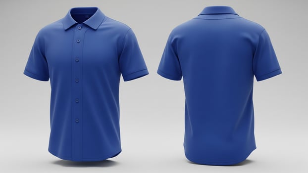 Vibrant Royal Blue Short-Sleeved Collared Shirt Mockup, Front and Back Views, Isolated on White photo