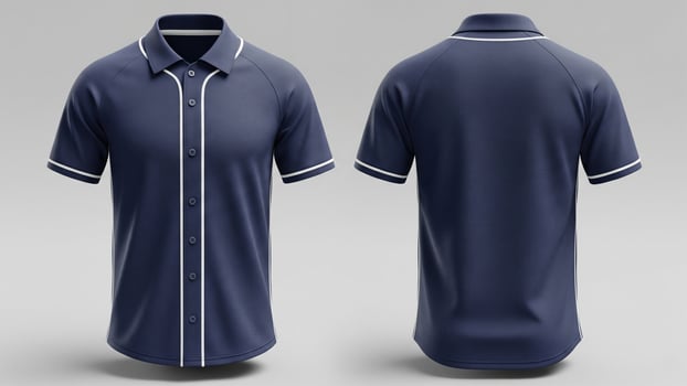 Navy Baseball Jersey Mockup Front and Back View with White Piping Detail photo
