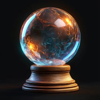 Magic Crystal Ball on Wooden Stand Glowing with Ethereal Lights photo