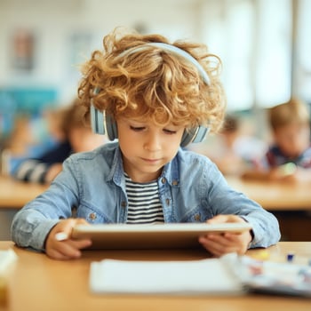 A boy wearing headphones is using a tablet photo