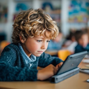 A boy is using a tablet in a classroom photo