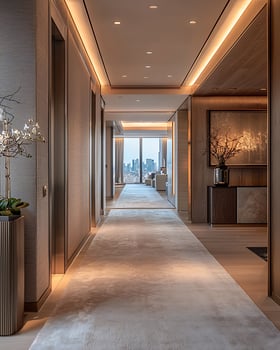 Modern Luxurious Penthouse Hallway With Recessed Lighting and City Views photo
