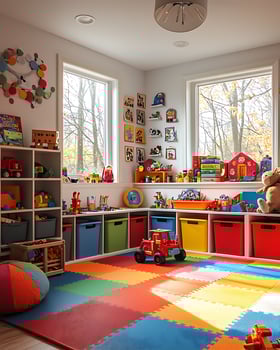 Bright and Organized Kids' Playroom with Colorful Toys and Storage Bins photo