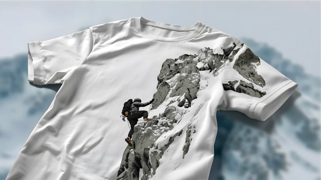 A t - shirt with a man climbing on a mountain photo