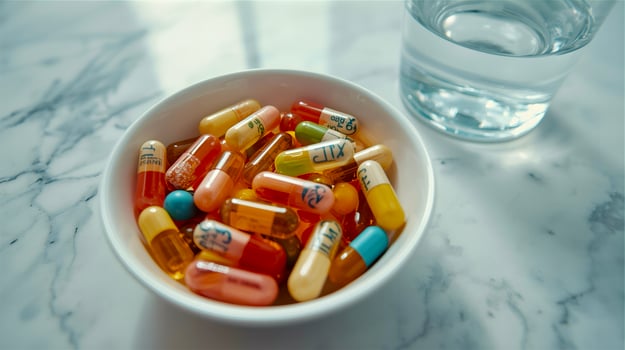 white bowl of pills and a glass of water photo