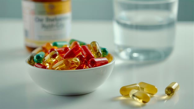 A bowl of fish oil and a bottle of water photo