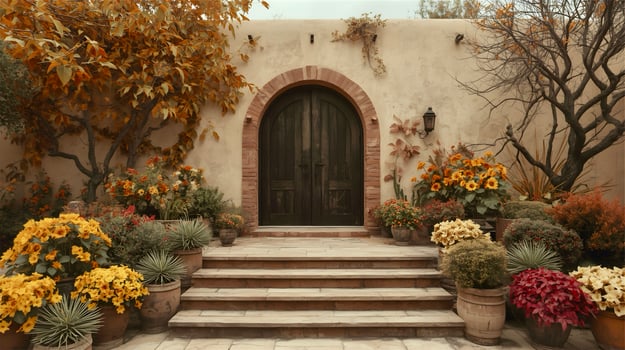 A stone building with a door and potted plants photo