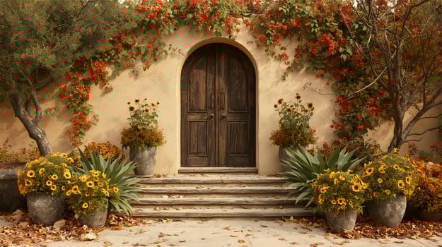 A door with flowers and plants in front of it photo
