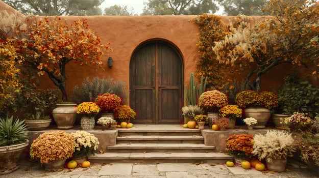 A door with a large potted plant in front of it photo