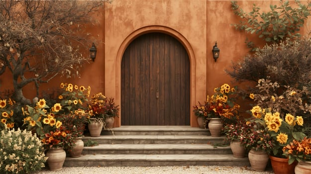 Brown door with flowers and plants in front of it photo