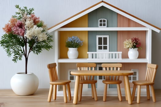 Miniature wooden dining table and chairs set with dollhouse and plants photo