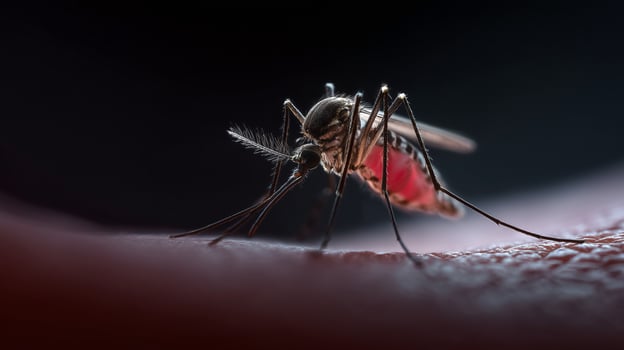 Mosquito feeding on human blood in macro detail. Dangerous disease carrier shows swollen red abdomen after bite. Medical concept of malaria, dengue and virus transmission prevention. photo
