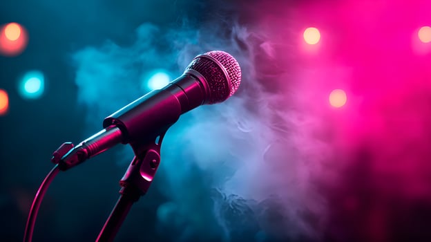 Microphone on stage with smoke and colorful lights illuminating the background photo
