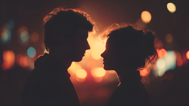 Young couple sharing romantic moment at night with city lights photo