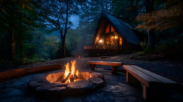 Cozy a frame cabin glowing in twilight with burning campfire photo