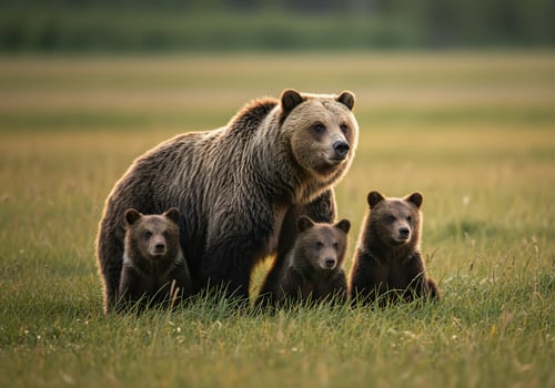 Grizzly bear with three adorable cubs photo