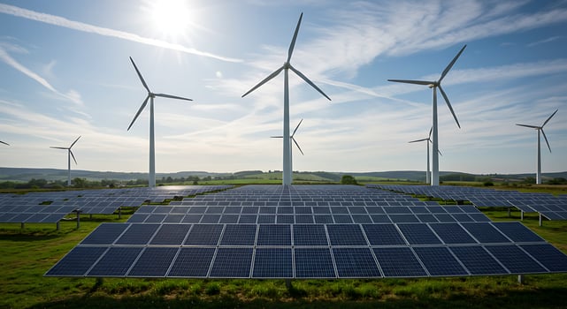 Renewable Energy Wind Turbines and Solar Panels in Green Field Under Bright Sun photo