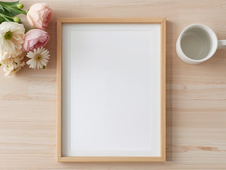 Blank white frame mockup on wooden table with flowers photo