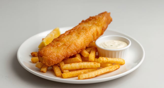 Classic Fish and Chips Plate. Crispy Fried Fish, Golden Fries, Lemon and Tartar Sauce photo