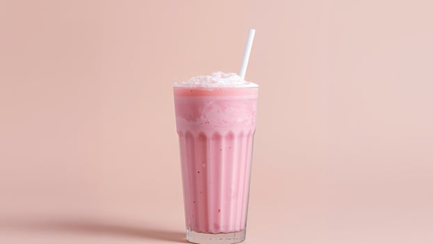 Delicious Strawberry Milkshake with Whipped Cream and a Straw on a Pink Background. photo
