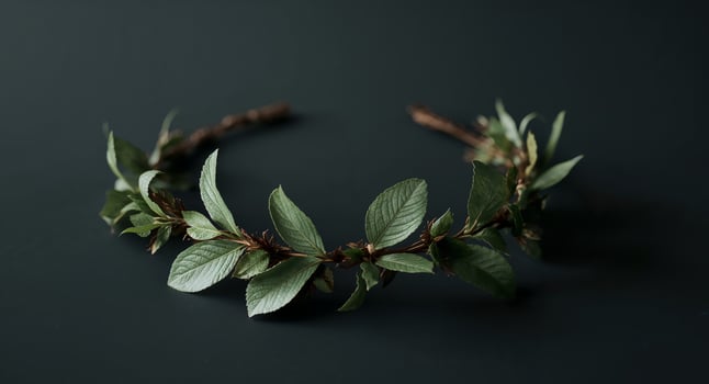 Elegant botanical tiara of leaves and branches on a dark background, natures crown. photo
