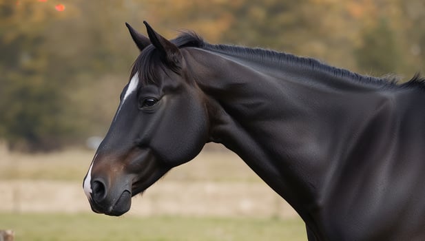 A black horse standing in a field photo