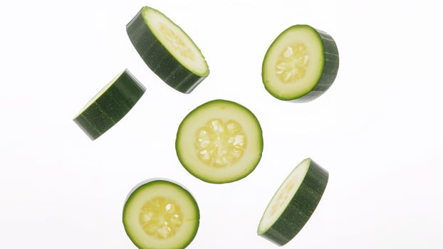 Fresh and Juicy Cucumber Slices Floating in a Clean, Bright White Space. photo
