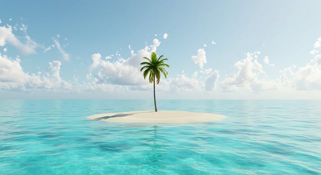 Small Tropical Island with Single Palm Tree Surrounded by Clear Blue Ocean Under Bright Sky photo
