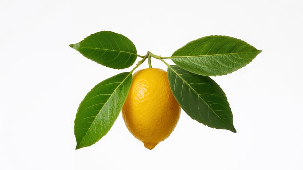 Fresh Lemon with Leaves on White Background, Representing Citrus and Health. photo