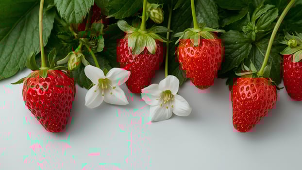 Fresh Strawberries and Delicate White Flowers on a Clean Background, A Sweet Delight. photo