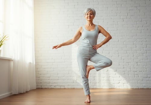 Serene Silver-Haired Woman Balances in Tree Pose Against White Brick Wall photo