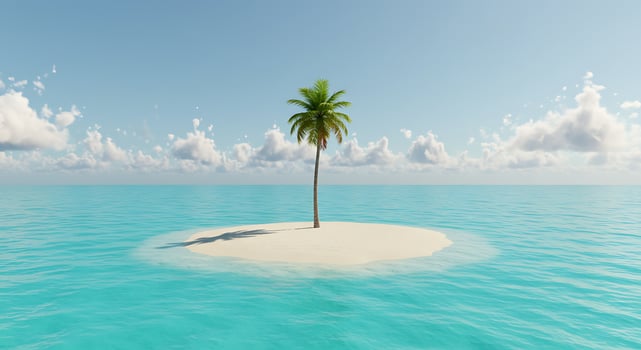 Single Palm Tree on Small Sand Island Surrounded by Turquoise Ocean Under Clear Blue Sky photo