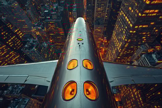 An airplane flying over a city at night photo