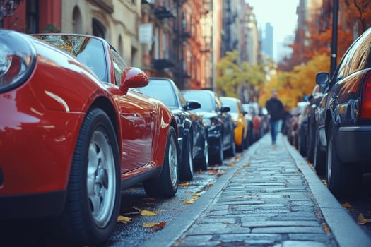 A row of red cars parked on a city street photo