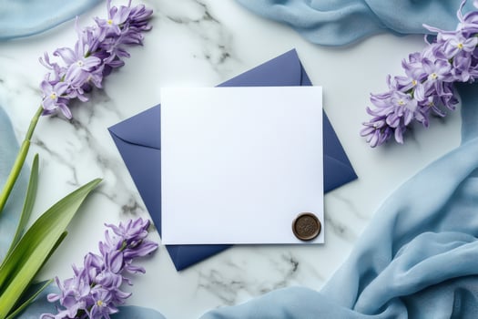 Blank white envelope with purple flowers on marble background photo