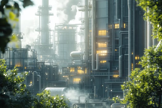Industrial plant with smoke coming out of the pipes photo