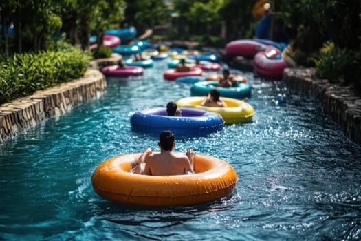 People riding on inflatable tubes in a water park photo