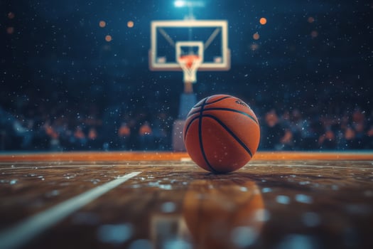 Basketball ball on the court with a crowd in the background photo
