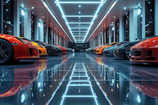 A row of red sports cars in a car showroom photo