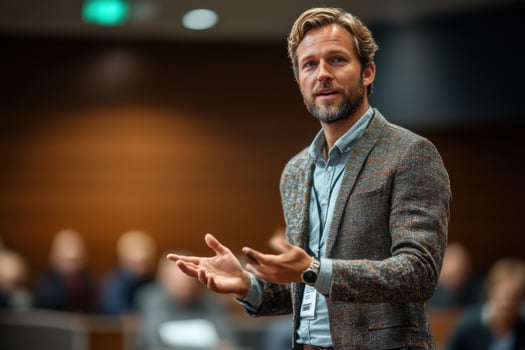 A man giving a presentation in a conference room photo