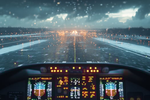 A view from inside an airplane cockpit at night photo