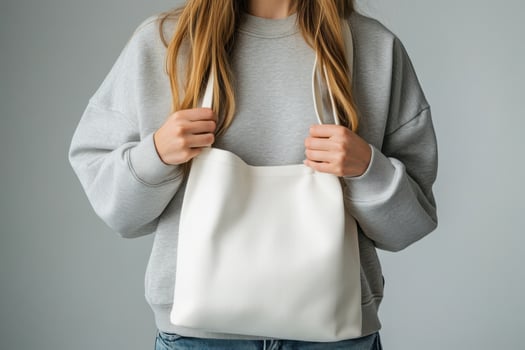 Young woman in grey sweater holding white bag photo