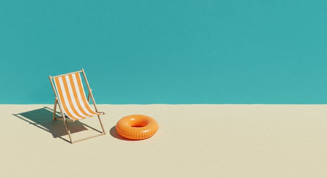 A beach chair and an orange life ring on the sand photo