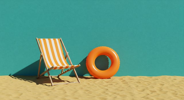 Beach Scene with Striped Chair, Orange Float, and Teal Backdrop on Sandy Ground photo