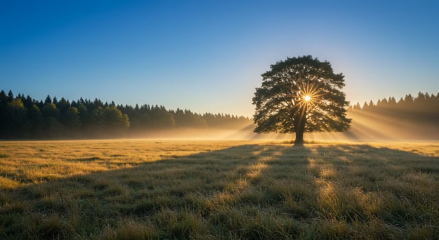 Sunburst Through Tree on Foggy Meadow at Dawn, Forest Edge in Background photo