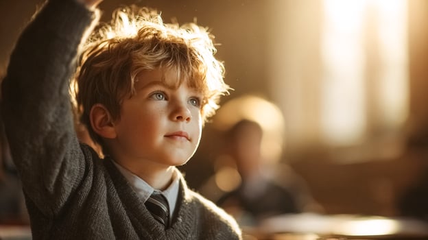 Young Boy with Curly Hair Raising Hand in Classroom photo