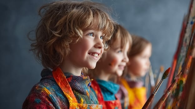 Children in Art Class Painting with Brushes photo